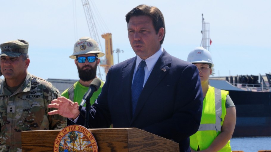 Florida Gov. Ron DeSantis speaks about Hurricane Milton recovery efforts at SeaPort Manatee on Monday, Oct. 14, 2024, in Manatee County, Florida.