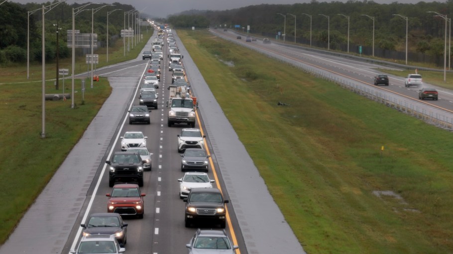 Vehicles fill the road as they drive to the East on I-75 from the West coast of Florida before the arrival of Hurricane Milton on October 08, 2024 in Big Cypress, Florida.