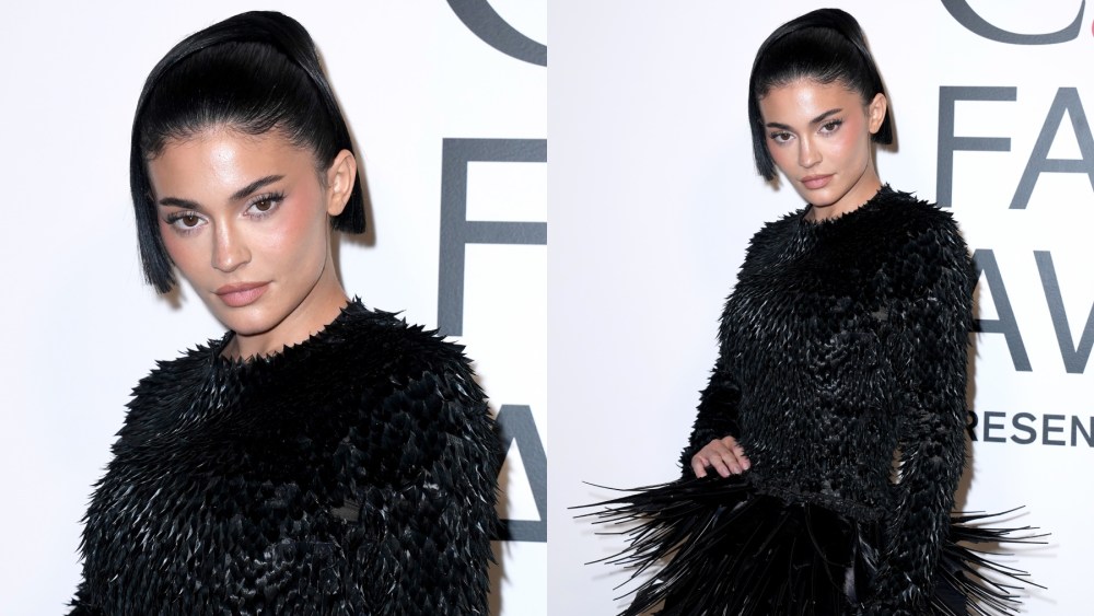Kylie Jenner at the 2024 CFDA Fashion Awards on Oct. 28 in New York, feather dress, Jean Paul Gaultier, Haider Ackermann, red carpet
