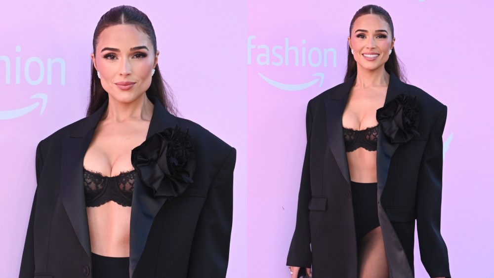 Olivia Culpo at the Victoria's Secret Fashion Show on Oct. 15 in New York, oversize blazer, lingerie, red carpet