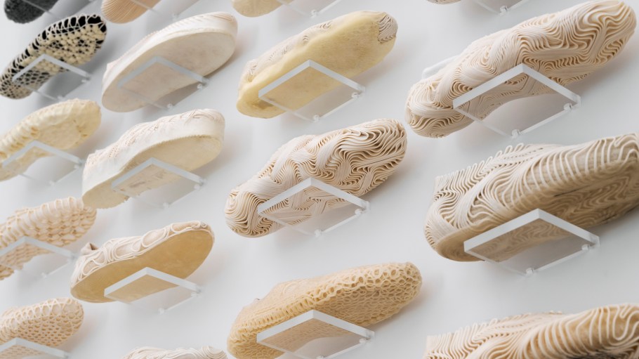 A wall of shoe prototypes designed at the Oxman lab over the course of a year. Each shoe features combinations of computationally- designed 3D-printed PHA uppers, 3D knit textiles from PHA-based yarn and biomanufactured pigments.
