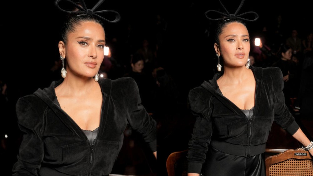 Salma Hayek at Balenciaga's spring 2025 fashion show on Sept. 30 in Paris, front row, velour jacket, bow, paris fashion week