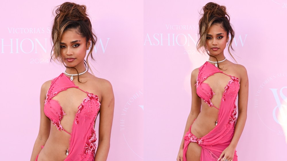 Tyla at the Victoria's Secret Fashion Show on Oct. 15 in New York, pink cutout dress, red carpet, Salih Balta