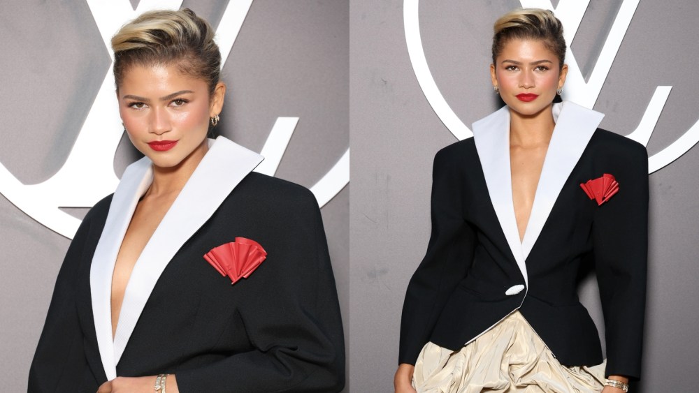 Zendaya attends Louis Vuitton's spring 2025 fashion show on Oct. 1 in Paris, paris fashion week, black and white blazer