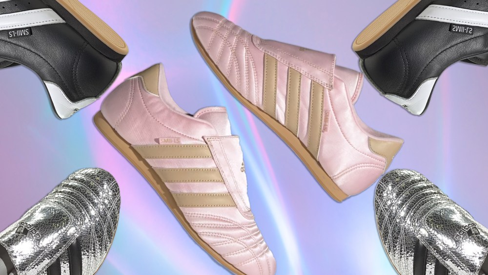 a collage of adidas taekwondo shoes of various colors and finishes overlaid on a holographic background