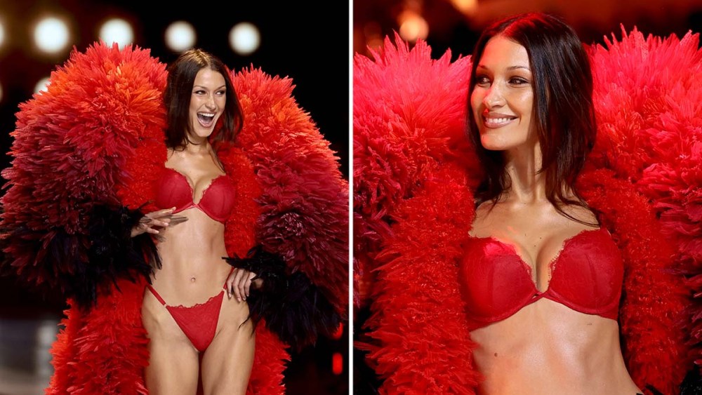 Bella Hadid at the Victoria's Secret Fashion Show 2024, feathers, red, lace bra and panties set, celebrity style, surprise appearance
