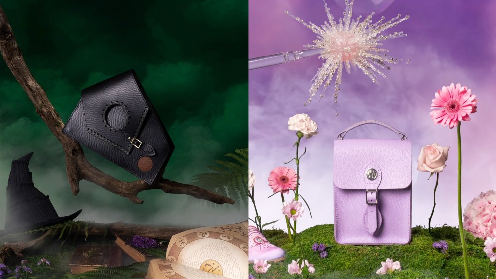 two new "wicked"-themed bags from cambridge satchel in a black and light purple, resting in their respective environments