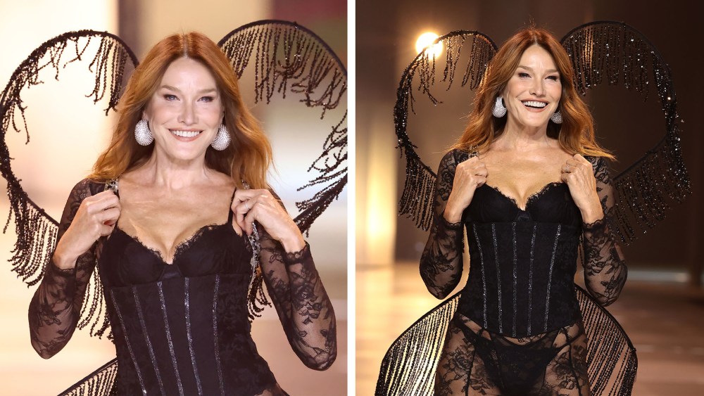 Carla Bruni on the runway at the Victoria's Secret Fashion Show held at the Brooklyn Navy Yard on October 15, 2024 in New York, New York.