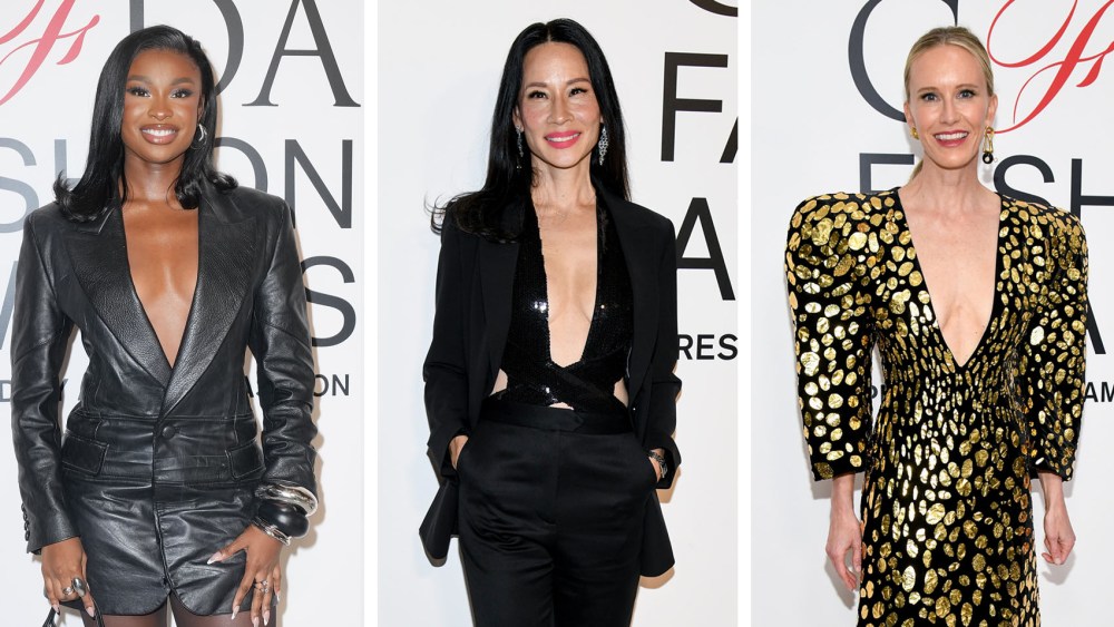 (L-R): Coco Jones, Lucy Liu and Amy Griffin at the 2024 CFDA Fashion Awards held at the American Museum of Natural History on Oct. 28, 2024 in New York City, plunging dresses fashion trends