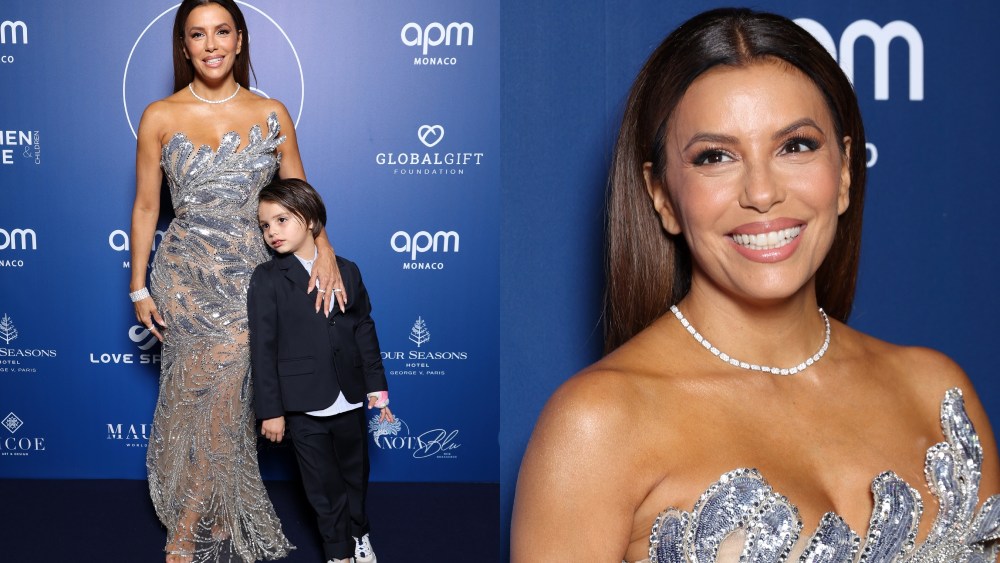 eva longoria, son santiago enrique baston, paris, global gift gala, oscar de la renta pre-fall 2024 dress