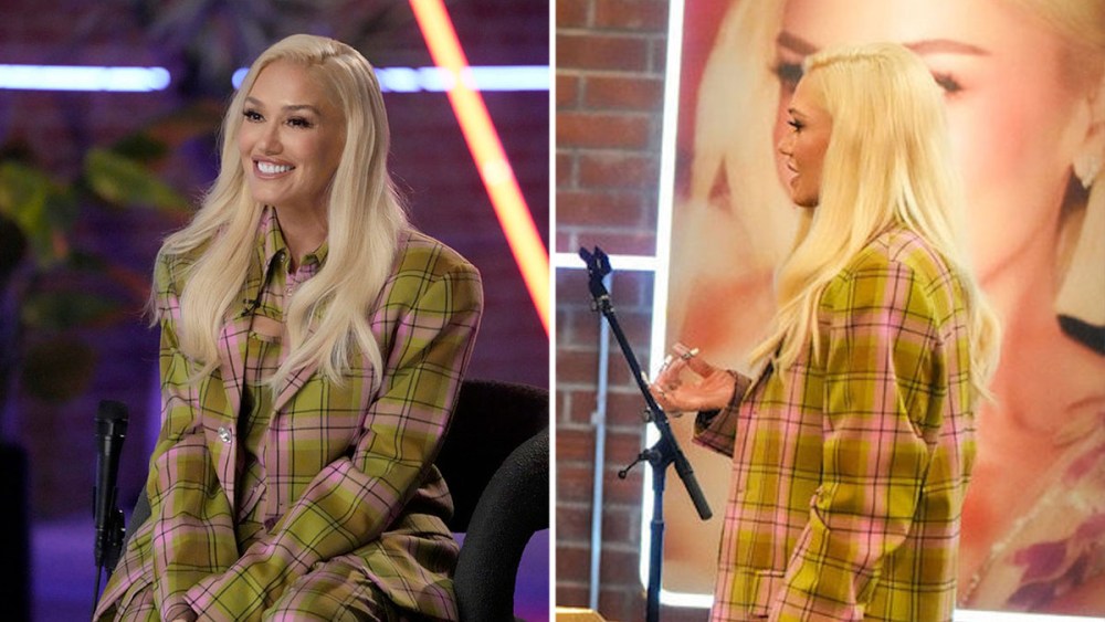 Gwen Stefani in Kilian Kerner pink and green plaid suit while coaching on 'The Voice'
