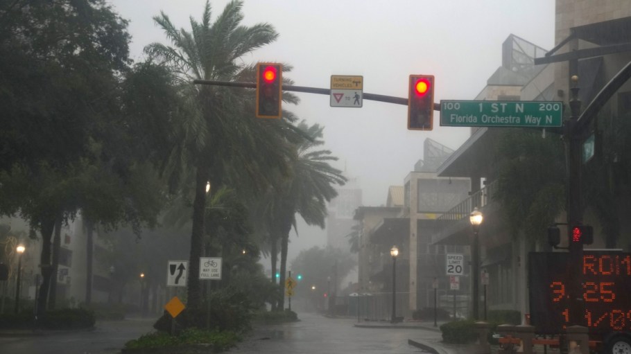 Traffic lights in empty downtown of St. Petersburg, Florida, as Hurricane Milton is expected to make landfall late on October 9, 2024.