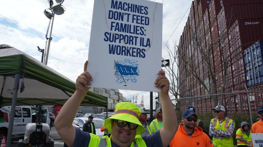 Dockworkers on strike in Port Newark, New Jersey, on Oct. 1, 2024.