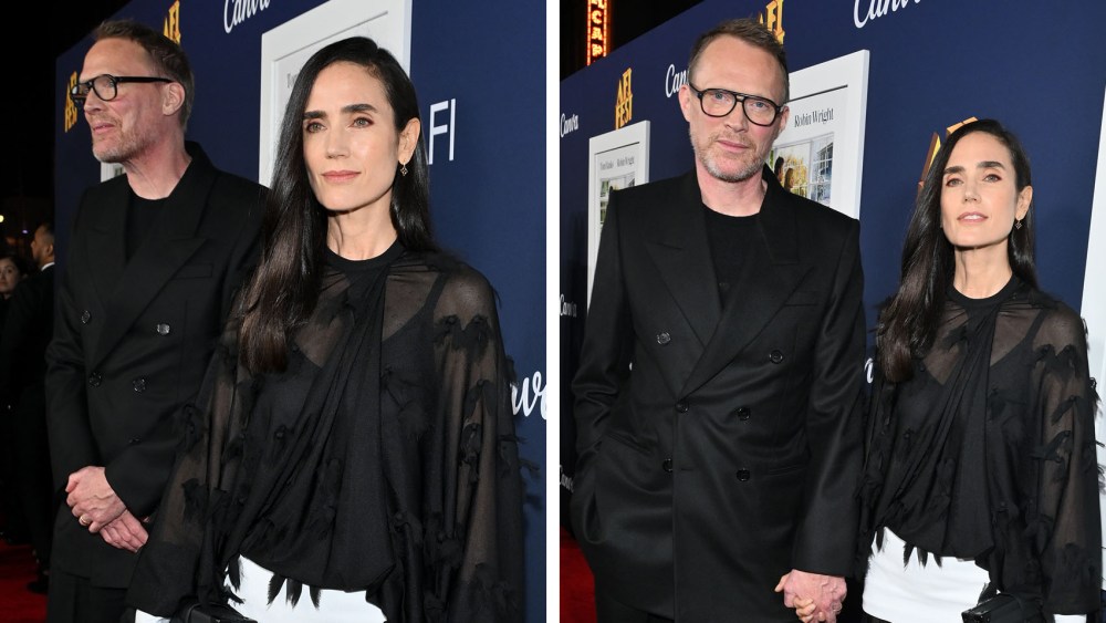 Paul Bettany and Jennifer Connelly wearing sheer louis vuitton spring 2025 dress attend the 2024 AFI Fest - World Premiere Screening of "Here" at TCL Chinese Theatre on October 25, 2024 in Hollywood, California.