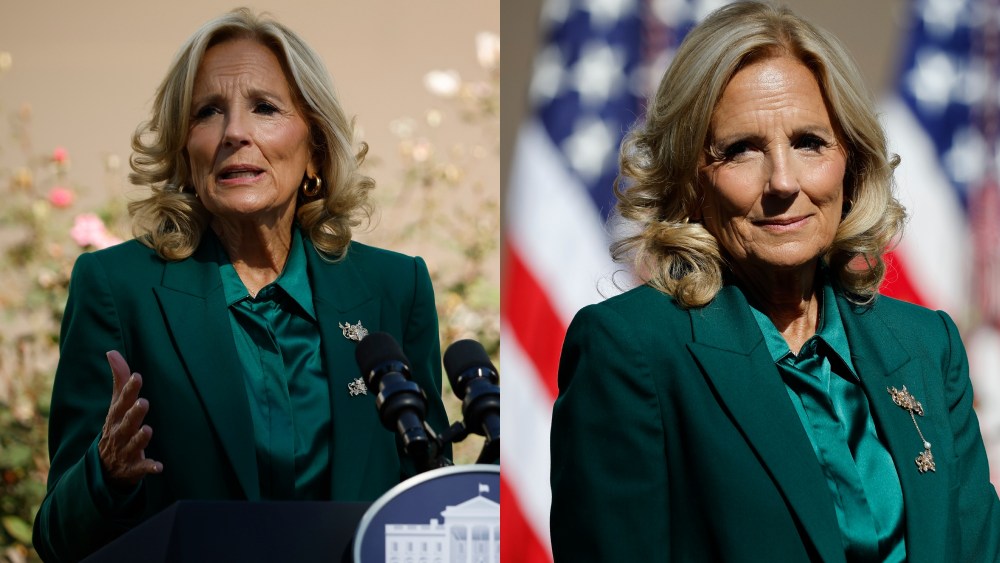 Jill Biden, Argent, pantsuit, green, White House, Rose Garden