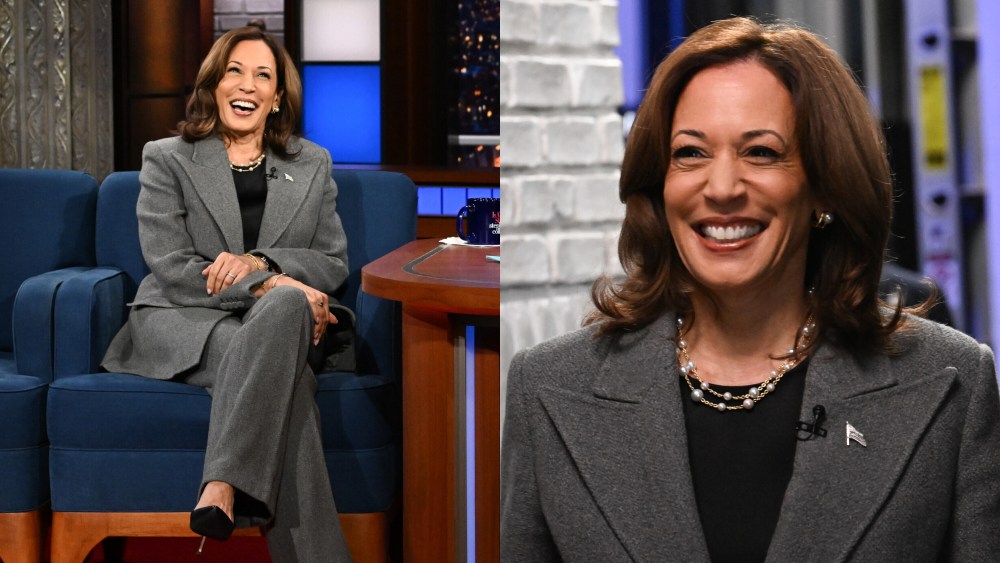 Kamala Harris, Stephen Colbert show interview, pearls, grey suit, black shirt