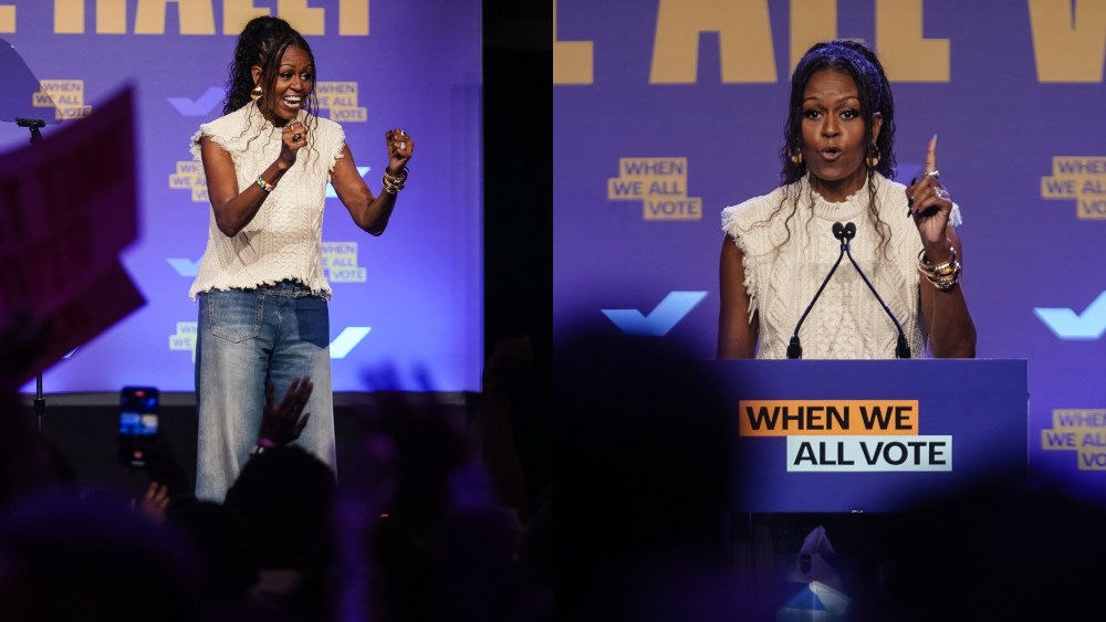 Michelle Obama, When We All Vote, Georgia, Michelle Obama Evokes 'Grunge Rock 'n' Roll' in R13's Distressed 'Boyfriend' Vest and Jeans in Atlanta for 'When We All Vote’ Rally