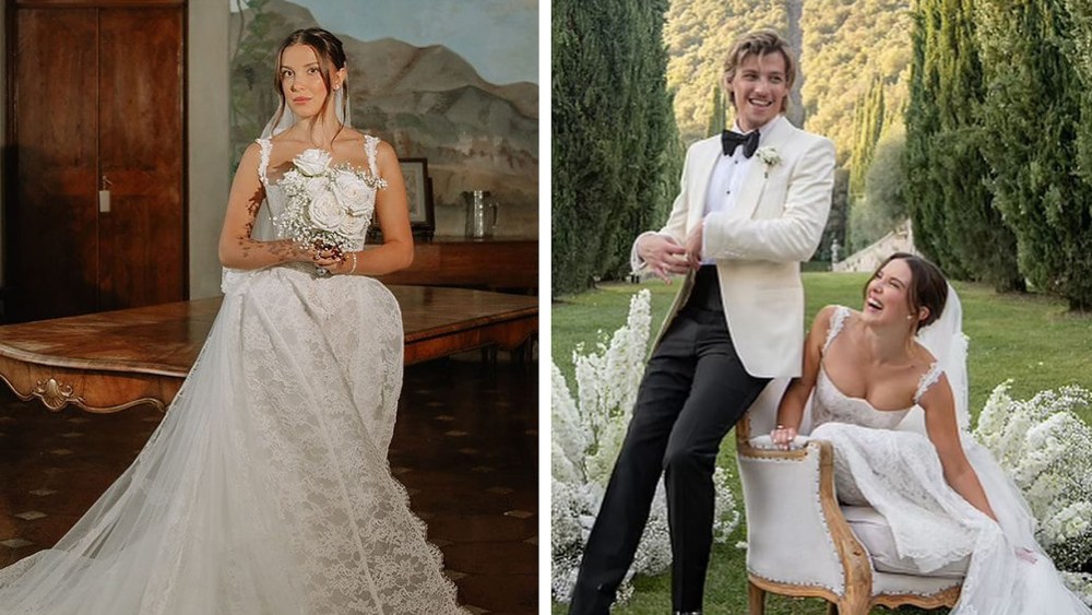 Millie Bobby Brown married Jake Bongiovi in a custom gown by Galia Lahav at a ceremony in Tuscany, Italy. The dress took inspiration from Galia Lahav's Anais gown.