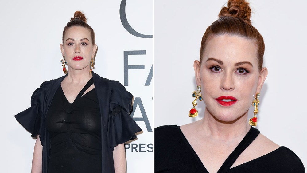 Molly Ringwald at the 2024 CFDA Awards in statement Schiaparelli earrings, schiaparelli visage earrings, celebrity jewelry, red carpet style