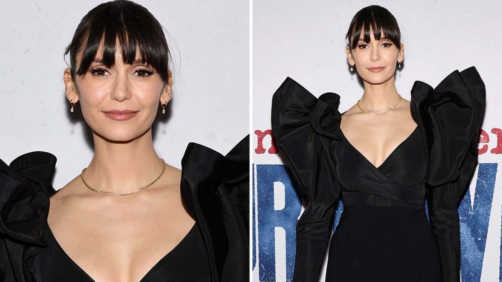 Nina Dobrev, structured shoulders, Carolina Herrera, little black dress, LBD, broadway, our town, celebrity style, new york city