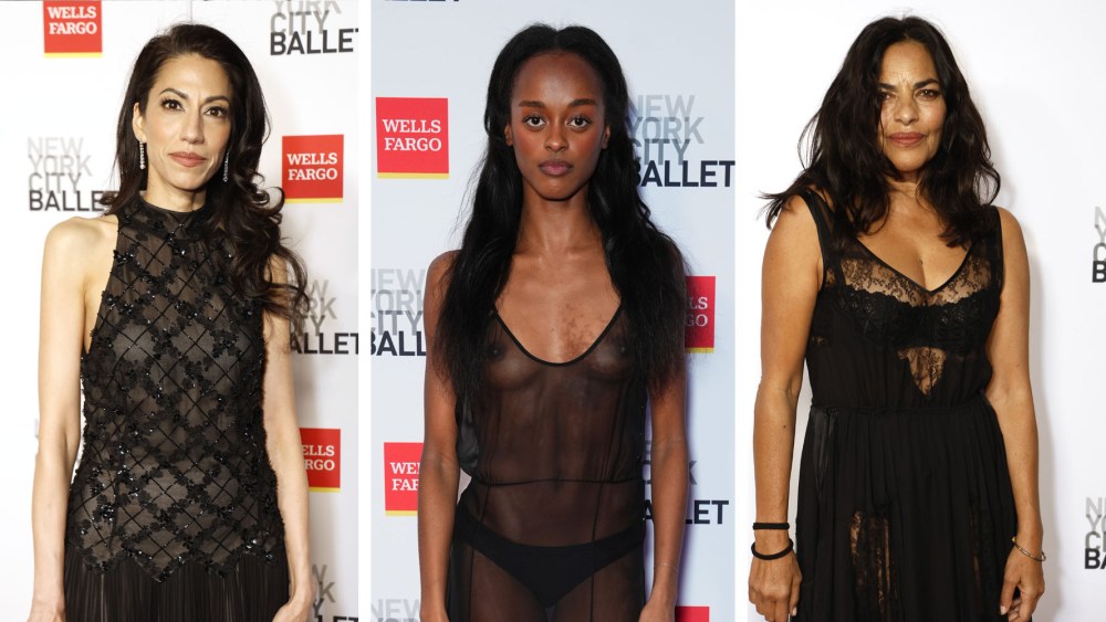 (L-R): Huma Abedi, India Bradley and Sarita Choudhury attend the New York City Ballet 2024 Fall Fashion Gala at David H. Koch Theater at Lincoln Center on Oct. 09, 2024 in New York City, sheer red carpet fashion trends, see-through dresses style trends