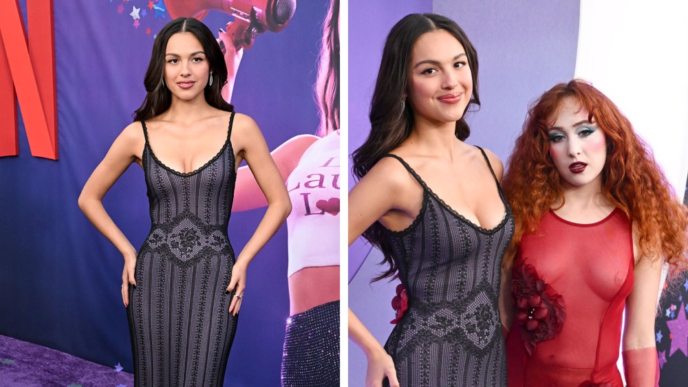 Olivia Rodrigo wears lace john galliano dress and Chappel Roan in red sheer dress attends the Los Angeles Premiere of Netflix's "Olivia Rodrigo: GUTS World Tour" at NYA EAST on October 25, 2024 in Los Angeles, California.