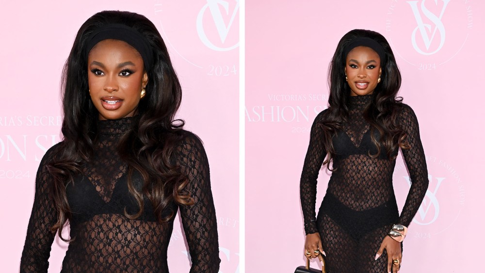 Coco Jones at the Victoria's Secret Fashion Show held at the Brooklyn Navy Yard on October 15, 2024 in New York, New York, sheer maxi dress, see-through fashion and celebrity style trends
