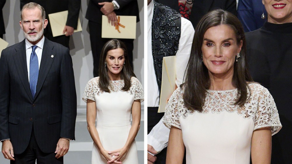 King Felipe VI of Spain and Queen Letizia of Spain attend the National Culture Awards at the Reina Sofia Museum on Oct. 10, 2024 in Madrid, lace dress