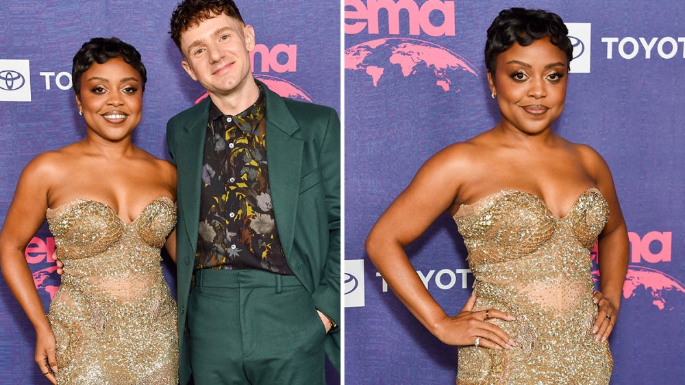 Quinta Brunson in Rahul Mishra gown, ombre, sheer style, red carpet, Abbott Elementary