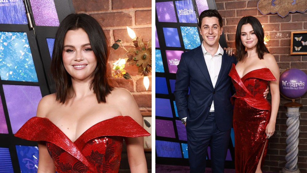 Selena Gomez and David Henrie at the  world premiere of Disney's "Wizards Beyond Waverly Place." red rodarte dress