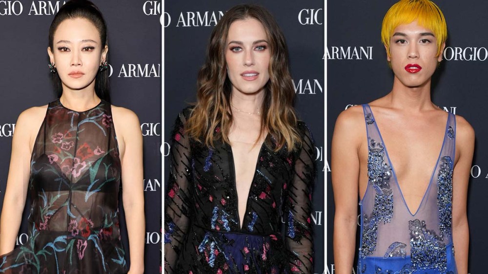 Tan Zhou, Allison Williams, Dara Allen in sheer styles at the Giorgio Armani Fashion Show