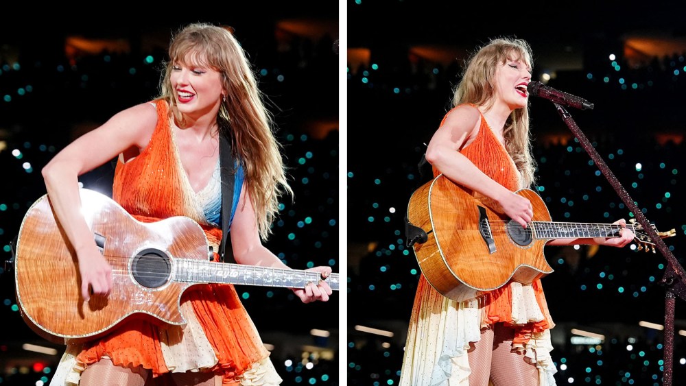 Taylor Swift performs onstage wearing a Roberto Cavalli "Tide Pod" dress during "Taylor Swift | The Eras Tour" at Caesars Superdome on October 25, 2024 in New Orleans, Louisiana.