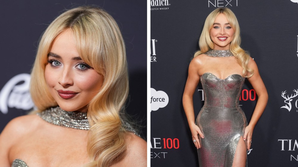 Sabrina Carpenter at TIME100 Next held at Current at Pier 59 on October 09, 2024 in New York, New York, silver versace thigh-high slit dress