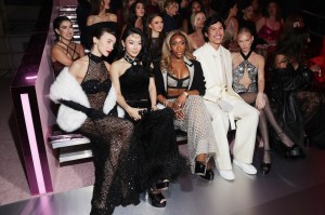 Mary Leest, Jessica Wang, Jackie Aina, Patrick Ta and Meredith Duxbury at the Victoria's Secret Fashion Show held at the Brooklyn Navy Yard on October 15, 2024 in New York, New York.