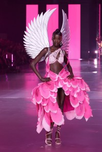 Anok Yai on the runway at the Victoria's Secret Fashion Show held at the Brooklyn Navy Yard on October 15, 2024 in New York, New York.