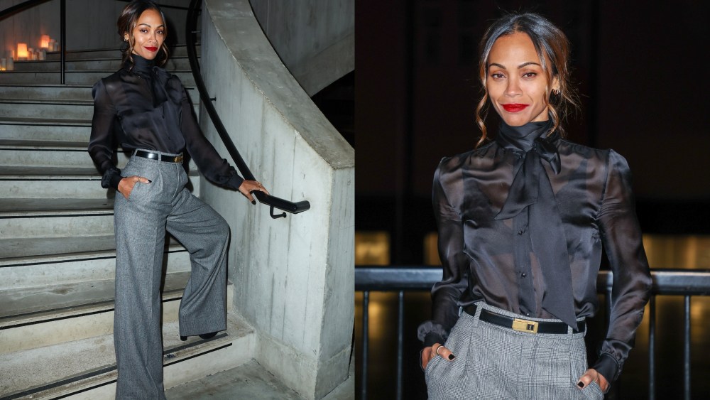 Emilia Pérez, Zoe Saldana sheer YSL saint laurent top, London, celebrity sheer style fashion trends