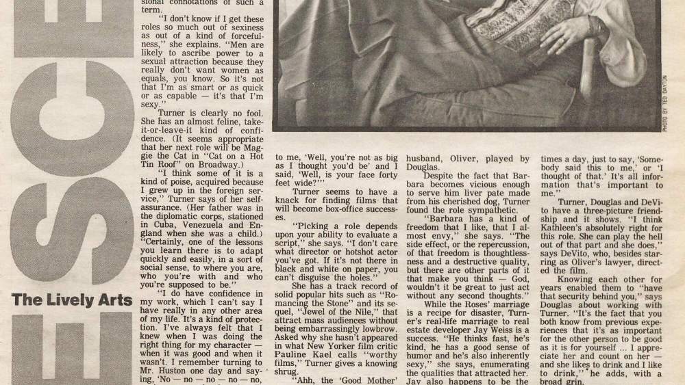 "Kathleen Turner Hollywood Rose" appeared in WWD on Nov. 27, 1989.