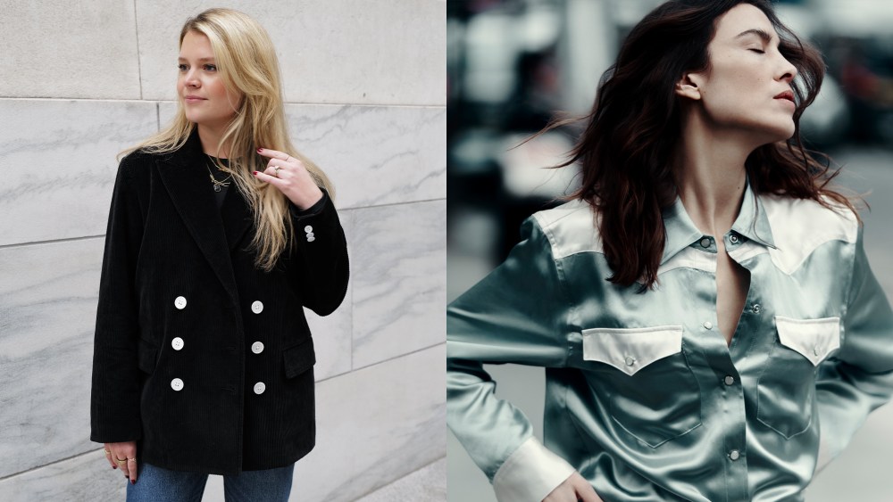 woman wearing corduroy blazer; woman wearing blue and white silk top