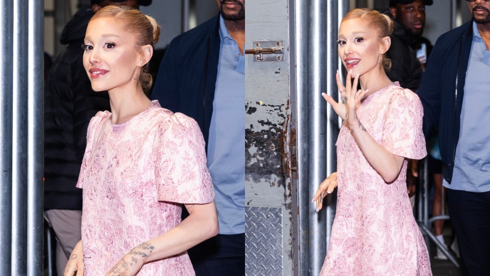 Ariana Grande in New York on Nov. 12, The Vampire's Wife, glinda, Wicked, puff sleeves, Manolo Blahnik, Vivienne Westwood