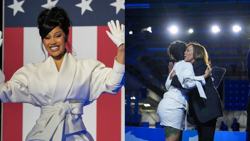 Cardi B speaks during a campaign rally for Democratic presidential nominee, U.S. Vice President Kamala Harris at the Wisconsin State Fair Park Exposition Center on November 1, 2024 in West Allis, Wisconsin.