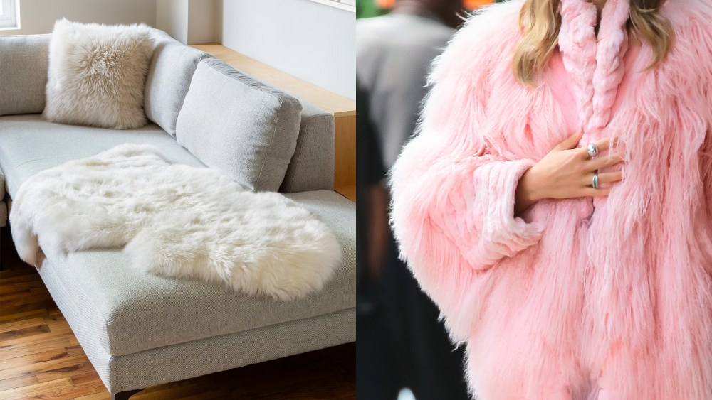sheepskin throw on a couch; woman in a pink furry jacket