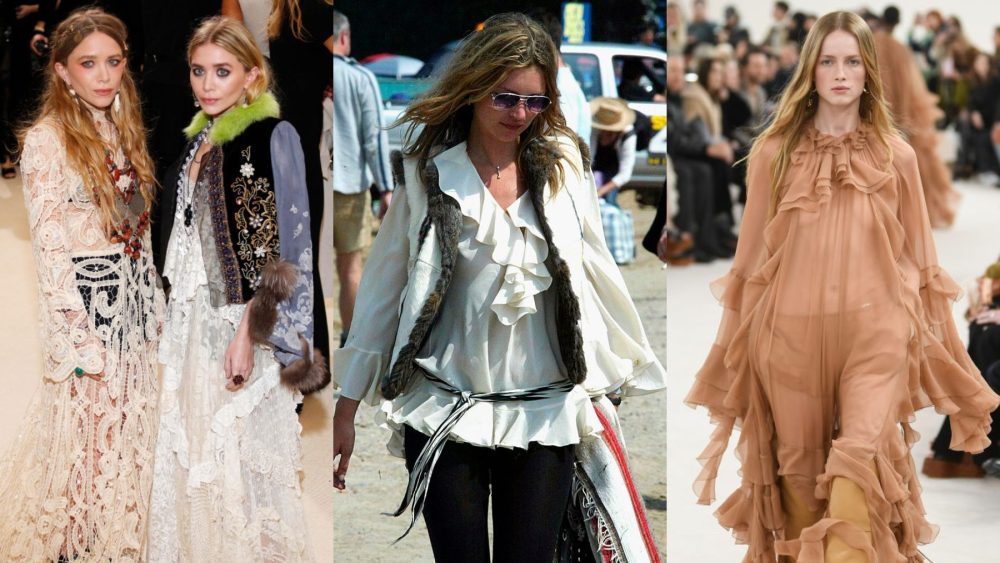 Mary-Kate and Ashley Olsen at the 2017 Met Gala, Kate Moss at Glastonbury in 2003, Chloé's fall 2024 runway, boho style, fashion trends
