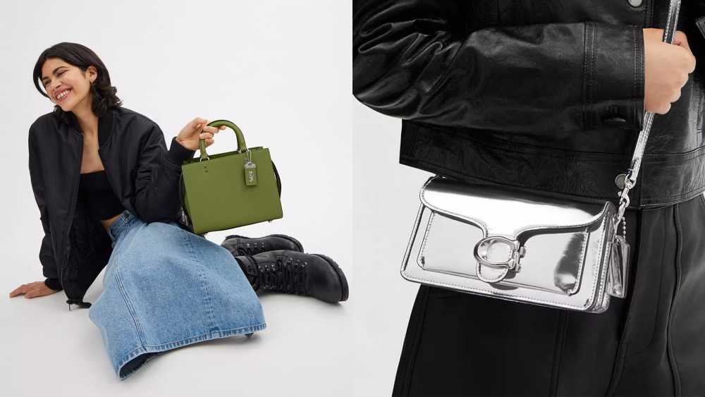 woman in denim skirt holding a green Coach bag, silver Coach Tabby bag