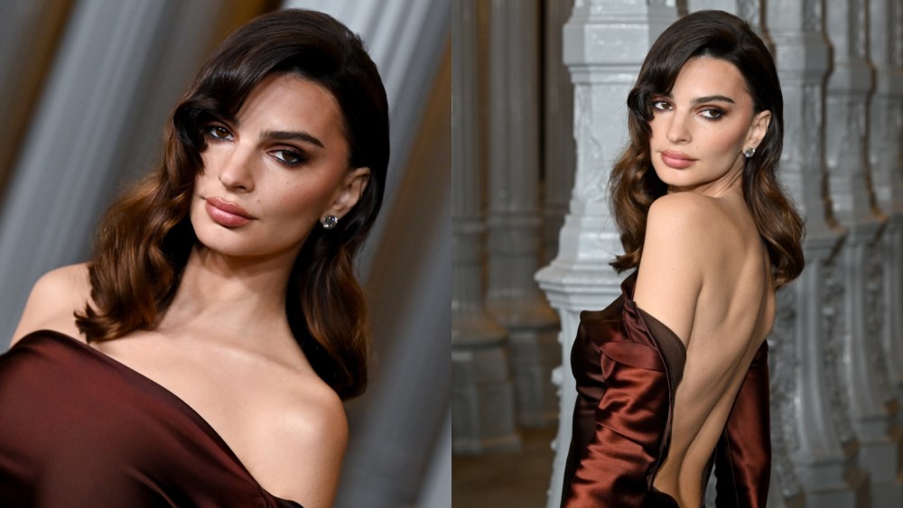 Emily Ratajkowski at the 2024 LACMA Art+Film Gala on Nov. 2 in Los Angeles, brown backless dress, satin, velvet, red carpet