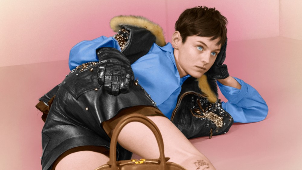 Emma Corrin for Miu Miu's 2024 Upcycled Holiday campaign, sustainable, circular fashion