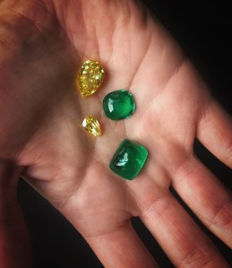 An example of a few gemstones in my hand (2 Colombian emeralds and 2 yellow diamonds)  I’ve been collecting gemstones from a very young age, and I believe each gem has a soul. It’s essential to honor that in every creation, finding the right balance in my design and the use of precious gems.