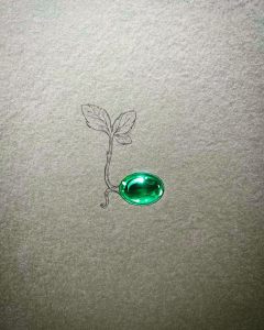 A gouaché I did, inspired by a beautiful cabochon emerald. I envisioned a humble seed that has sprouted—fresh and delicate.