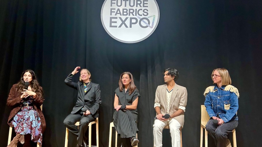 From left: Harvard grad and fine jewelry founder Shilpa Yarlagadda moderated the panel, consisting of author Dana Thomas, Accelerating Circularity’s Tricia Carey, United Nations consultant Saad Amer and Ecovative’s Lacey Davidson.