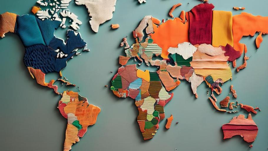 Map of the world with countries represented as textile fabric.