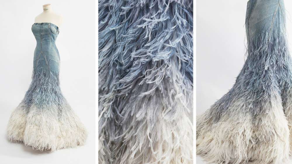 A denim and ostrich feather gown from Jean Paul Gaultier's spring 1999 couture collection to be sold at Maurice Auction in Paris on Nov. 25.